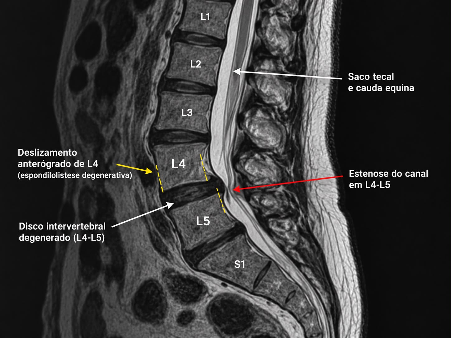 Ressonância lombar em corte sagital demonstrando deslizamento anterior de L4 sobre L5, estenose do canal em L4-L5 e degeneração discal.